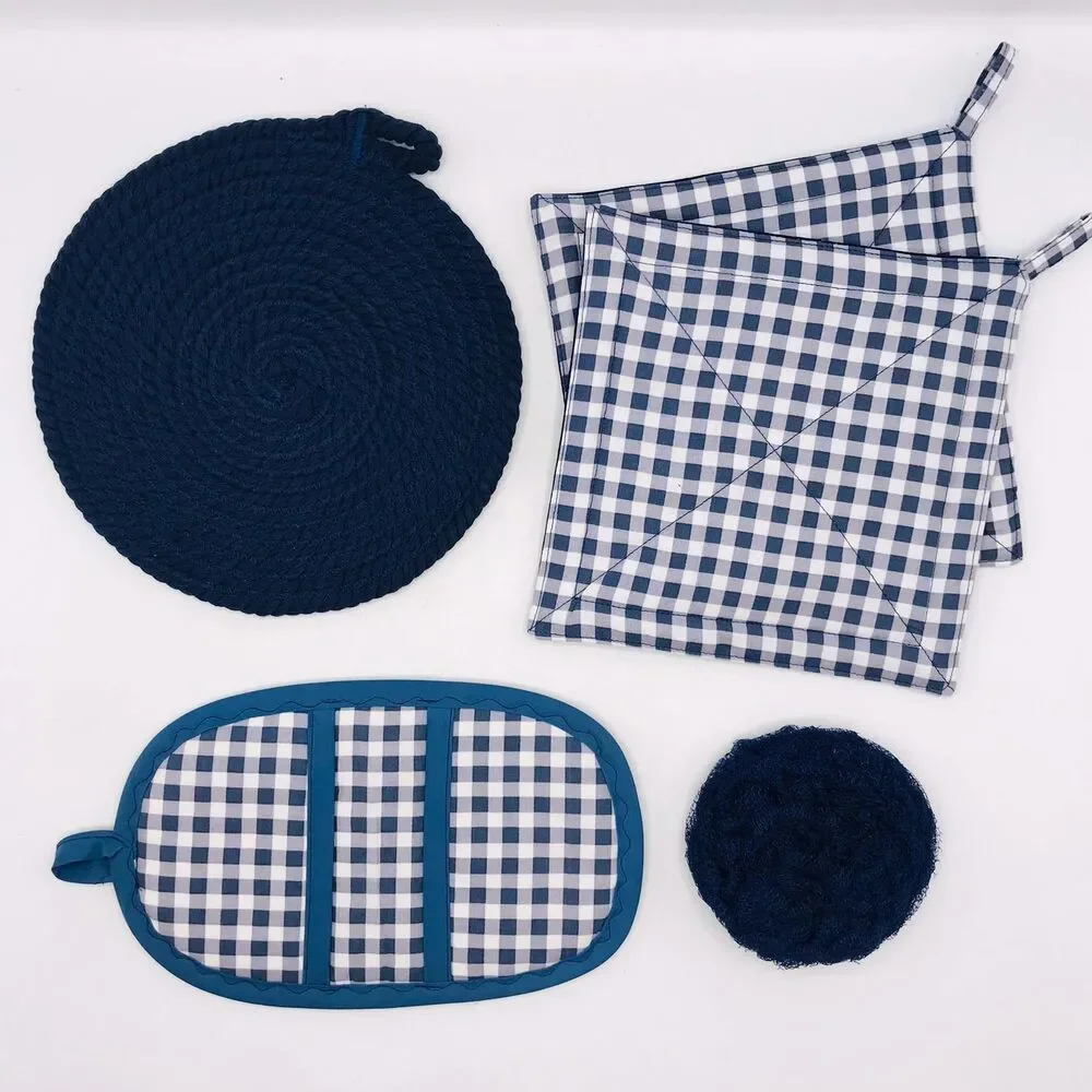 Trivet, Finger Hotpad, 2 Square Potholders, and Scrubbie, Navy Blue, 5 Piece Set